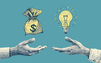 Artistic image showing a hand reaching for a light bulb and another for a money bag, representing the power of ideas and economic exchange.