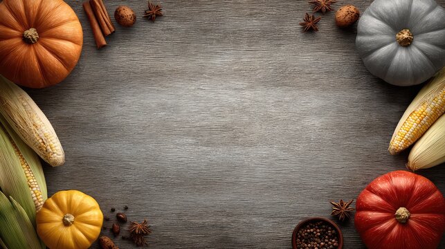 Decorative Arrangement of Colorful Pumpkins and Corn on a Rustic Wooden Background Perfect for Autumn and Harvest-Themed Designs and Seasonal Celebrations