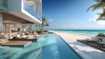 Fototapeta premium Luxurious beachfront villa with modern architecture, infinity pool, and stunning ocean view under a clear blue sky, perfect for tropical getaway or vacation retreat