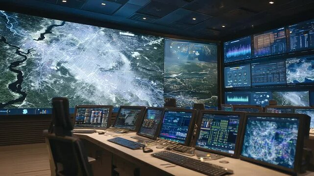 Highly coordinated emergency response room, filled with glowing control panels and digital screens showing live sensor data and evacuation route mapping