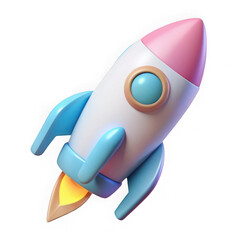 Colorful 3d rocket ship ascending on a black background illustrating innovation and progress