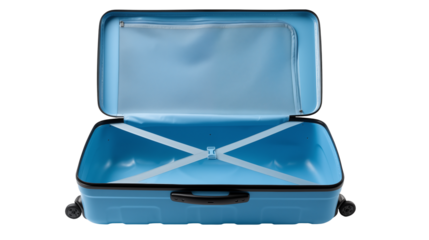Light Blue Suitcase Open Empty Ready for Travel Packing Essentials Vacation Trip Isolated on transparent Background