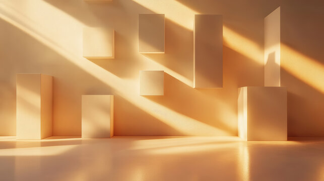Warm, minimalist interior design with geometric shapes, bathed in golden sunlight