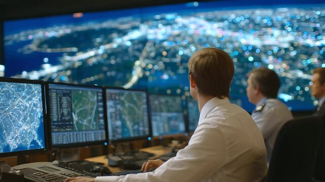 Bright emergency operations center filled with glowing indicators on a city grid map, as workers adjust response plans and timelines dynamically
