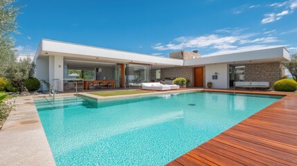 Fototapeta premium Modern Luxury House with Swimming Pool Surrounded by Lush Garden and Clear Blue Sky in a Sunny Day, Ideal for Relaxation and Outdoor Living