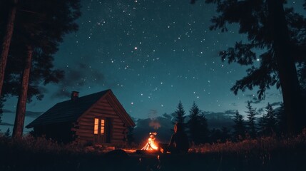 Cabin under Starry Night Sky with Bonfire and Silhouette of a Person