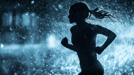 Woman Jogging in Pouring Rain Silhouette with Wet Hair and Splashing Water