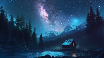 Secluded Cabin Beside Calm Lake Reflecting Starry Night Sky With Mountains