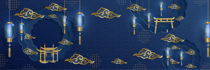 Chinese frame with oriental Asian elements on color background