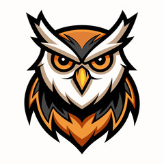 Owl head with orange eyes isolated on white background