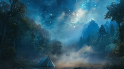 Camping Tent Under a Starry Night Sky Among Mountain Peaks and Forest