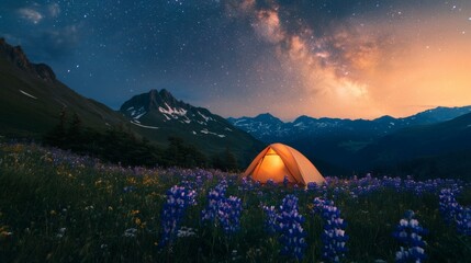 Illuminated Tent Under Starry Night Sky Among Mountain Wildflower Meadow