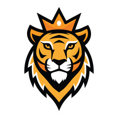 Orange Tiger Head Silhouette Logo with Golden Crown Vector Illustration