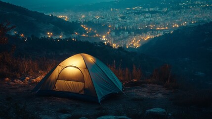 Camping tent glows warmly at night with city lights twinkling on distant hillside
