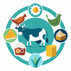 Dairy food products and cow illustration isolated on white background