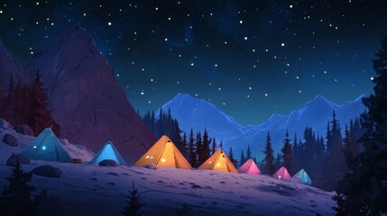 Illuminated Camping Tents Under Starry Sky Near Mountains at Night