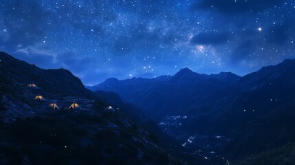 Camping Tents Illuminate a Mountainside Valley Under a Starry Night Sky