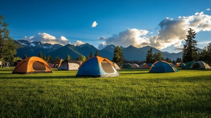 Camping Tents Pitched in Mountain Valley Meadow Under Blue Sky
