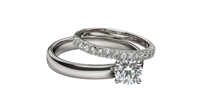 Close-up of a pair of matching diamond rings.  A solitaire engagement ring and a band ring.  Sparkling diamonds adorn the bands