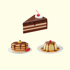 Delicious 3D Chocolate Delights Cake, Pancakes, and Caramel Pudding - Sweet Treats for Every Craving