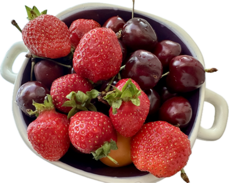 Fresh strawberries and juicy cherries in a ceramic bowl on a white background, png, object. Summer berries with vibrant colors, refreshing droplets of water. Healthy seasonal snack.