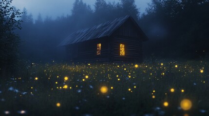 Secluded Log Cabin in Foggy Forest at Night Surrounded by Fireflies