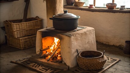 Traditional clay stove with flames licking under a pot — rustic, cultural warmth