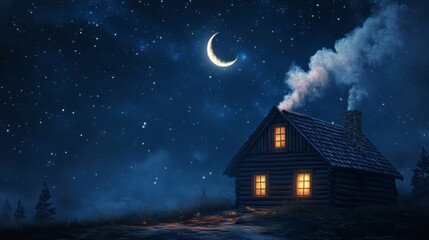 Nighttime image of a rustic wooden cabin under a crescent moon and starry sky
