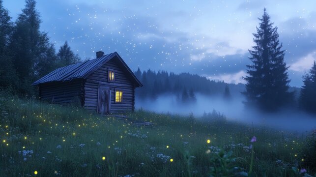 Log Cabin with Lighted Windows Surrounded by Fireflies in Misty Woodland at Night - Powered by Adobe