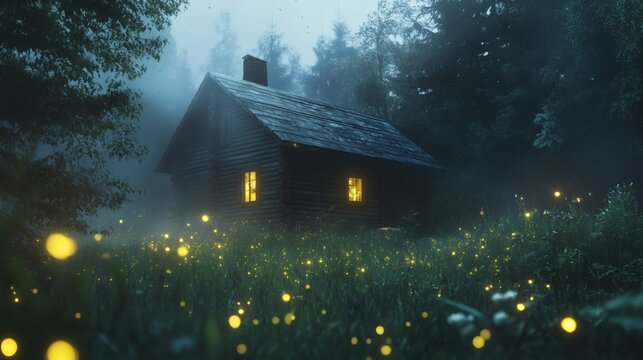 Secluded Log Cabin Glows Amidst Fireflies in Misty Woodland Night