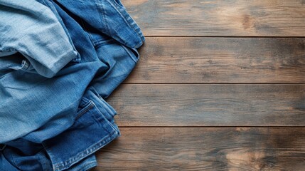 A casual pile of various denim jeans laid over a rustic wooden surface creates an inviting and trendy fashion statement, showcasing the versatility of denim apparel.