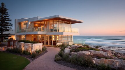 Naklejka premium Modern Coastal Residence Overlooking Serene Seascape at Dusk with Soft Pastel Skies and a Welcoming Outdoor Environment