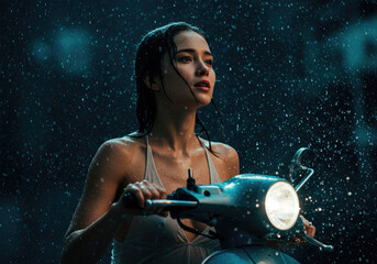 Young woman with motorcycle in rainy night