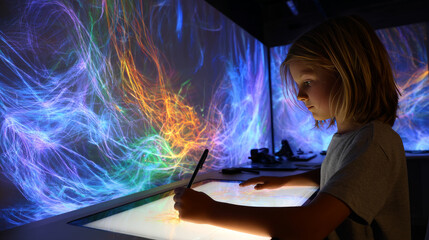 Child using virtual reality headset for metaverse, child looking into VR glasses. Little girl boy with futuristic glasses having fun, teenager playing video games. Technology, simulator, oculus future