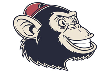 Retro cartoon chimpanzee head with toothy smile and wearing red cap looks amusing