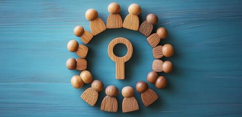 Wooden figures arranged in a circle, a keyhole in the center