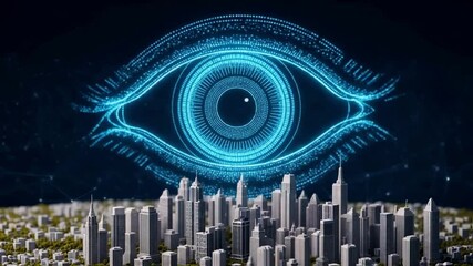 Large, glowing blue digital eye composed of particles hovers over a miniature cityscape, symbolizing surveillance, smart city technology, big data, or ai-powered urban monitoring concepts for tech - Powered by Adobe