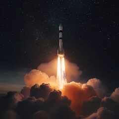 Rocket launching into space at night
