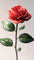 A single red rose with green leaves against a plain light colored background