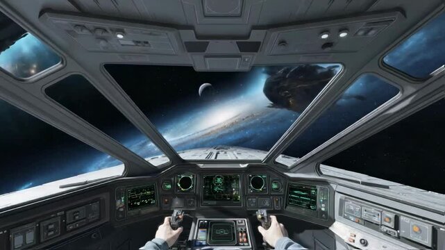Spaceship cockpit pov flying through a dynamic starfield with alien ships and a large mothership, ideal for sci-fi gaming, space exploration, or futuristic battle scene simulations for entertainment