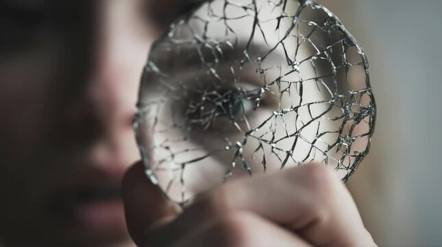 Close-up of a woman's eye seen through broken circular glass fragment held near face.