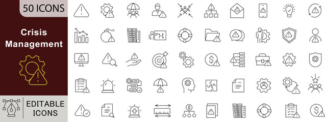 Crisis Management Line Icons: Risk, Emergency, Strategy & Business Continuity Vectors. Editable Stroke 