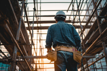 Back view of construction worker climbing scaffold ladder, unfinished building frame around