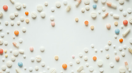 Assorted colorful pills arranged in a circular pattern on a white background