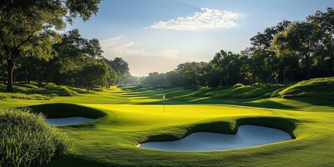 A sunlit golf course with neatly trimmed greens, sand bunkers, and surrounding trees under a partly cloudy sky.