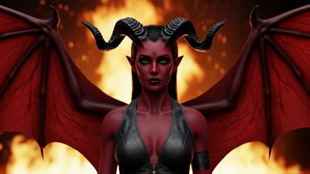 Powerful demoness with red skin, large horns, and wings poses against a fiery background, embodying strength, temptation, or a mythological character for fantasy or gaming concepts