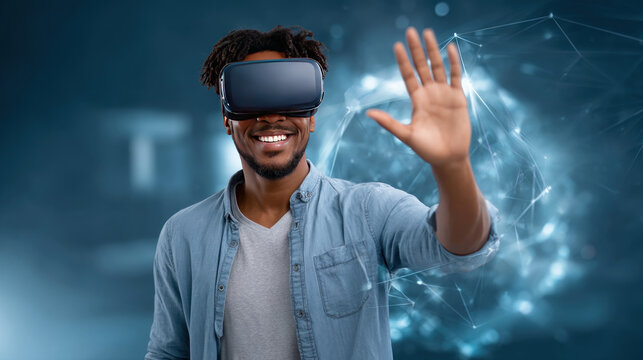 Cheerful young African American man in VR headset playing online game in virtual reality, driving imaginary car in neon light. Black millennial man using car simulator in cyberspace, collage - Powered by Adobe