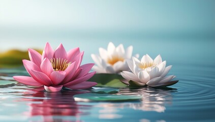 Serene pink and white water lilies floating on calm water
