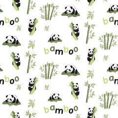 Vector seamless pattern of pandas and bamboo elements on white background, playful wildlife repeat design for fabric, kids decor, or packaging