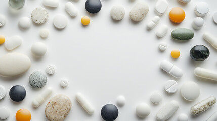 Circular Arrangement of Pills and Stones on White Background